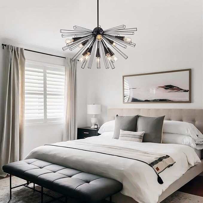 10-Light Black Sputnik Chandelier, 33" Modern Starburst Dining Room Light Fixture, Adjustable Height Rustic Solid Metal Large Sputnik Chandeliers for Living Room Bedroom Kitchen Foyer