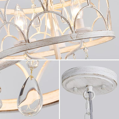 Small Crystal Chandelier, Modern Crystal Chandelier for Dining Room, Rustic Farmhouse White Round Ceiling Pendant Light Fixture for Living Room, Entryway, Hallway, Bedroom, Bathroom