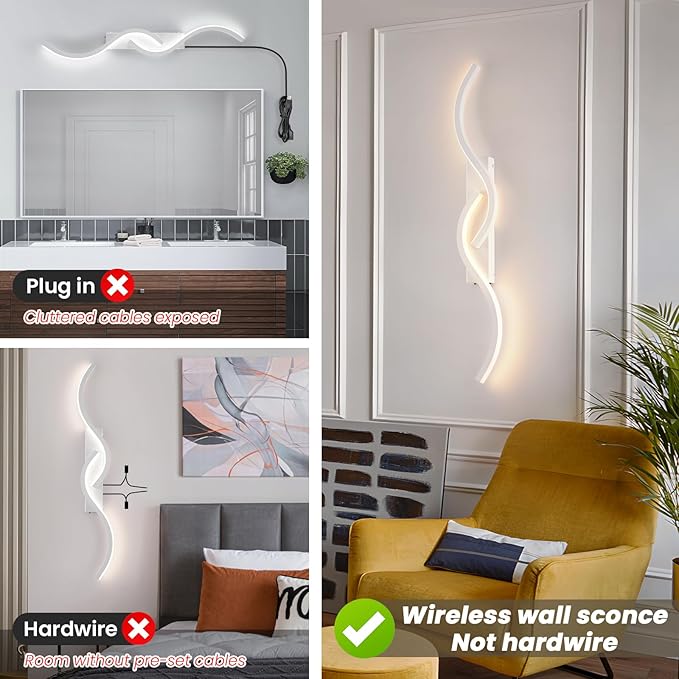 Modern Battery Operated Wall Sconces, Rechargeable Wall Sconces, 3000K-6500K LED Wireless Wall Light, Modern Wall Lamp not Hardwired for Living Room Bedroom Hallway (White)