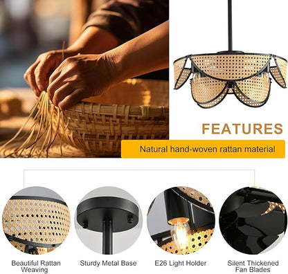 Ganeed 20" Boho Caged Ceiling Fan with Light and Remote, Layered Rattan Enclosed Flush Mount Boho Ceiling Fans Lights, Low Profile 6 Speed Reversible Fandelier for Bedroom Kitchen Living Room Nursery