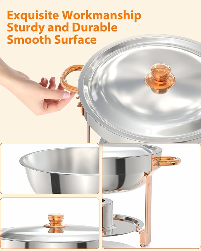 GarveeHome Chafing Dish for Buffet 2 Pack, 5 QT Round Chafing Dishes Buffet Set w/Lid Holder, Stainless Steel Chafers and Food Warmers with Spoon and Tweezers for Parties, Weddings, Events, Rose Gold