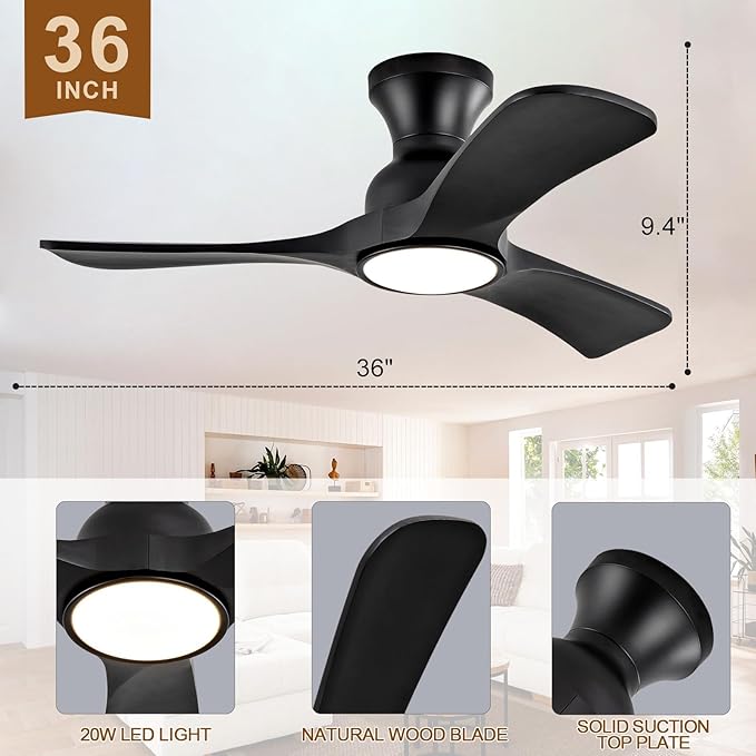 36 inch Black Ceiling Fans with Lights Flush Mount, Solid Wood,Remote Control,Wall Switch,Dimmable,Reversible,Noiseless,Power Off Memory Modern Ceiling Fan Low Profile for Bedroom Indoor/Outdoor