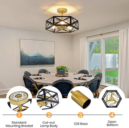 Farmhouse Light Fixtures Ceiling Mount 3-Light E26 Black Gold Semi Flush Mount Ceiling Light Fixture, Industrial Rustic Close to Ceiling Hallway Lights for Bathroom Entryway Kitchen