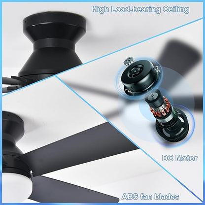 Depuley 42-Inch Ceiling Fans with Lights: Indoor/Outdoor Flush Mount Ceiling Fan with Remote Control - Black 5 Blade Low Profile Fandelier for Kitchen Gazebo - Reversible Quiet Timer - 2 Packs