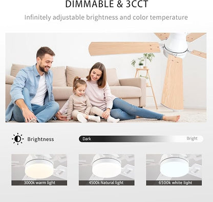 KNUN Ceiling Fans with Lights,52 Inch Low Profile Ceiling Fan with Light and Remote Control,Flush Mount,6 Speeds DC Reversible Motor, 3CCT Dimmable, Noiseless White Ceiling Fan for Living Room,Patio