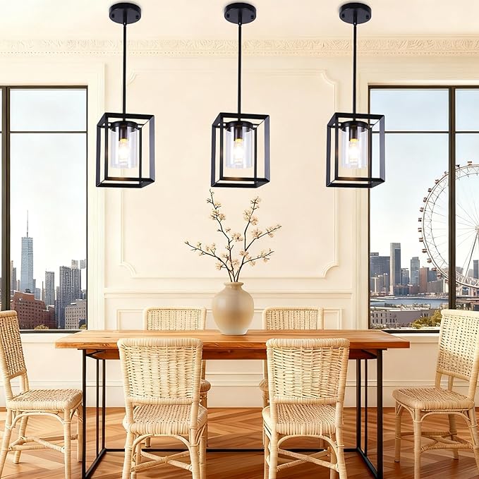 3 Pack Black Pendant Lights for Kitchen Island, Farmhouse 1-Light Iron Cage Metal Hanging Light with Clear Glass Shade, Industrial Lighting Fixtures for Living Room Bedroom Hallway Foyer
