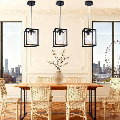 3 Pack Black Pendant Lights for Kitchen Island, Farmhouse 1-Light Iron Cage Metal Hanging Light with Clear Glass Shade, Industrial Lighting Fixtures for Living Room Bedroom Hallway Foyer
