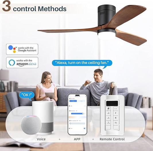 CACI Mall Smart 52 inch Wood Flush Mount Ceiling Fans with Lights and Remote, 3 Blades, Low Profile, Modern, Compatible with Alexa/Google/App, Outdoor Indoor Ceiling Fans for Bedroom/Farmhouse/Patio