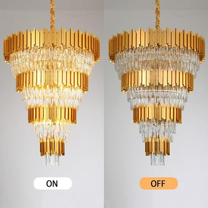 11-Tier K9 Crystal Chandelier, 32" Modern Gold Adjustable Height Pendant Light, Luxury Round Chandeliers for High Ceiling, Foyer, Staircase, Entryway, Two-Story Living Room