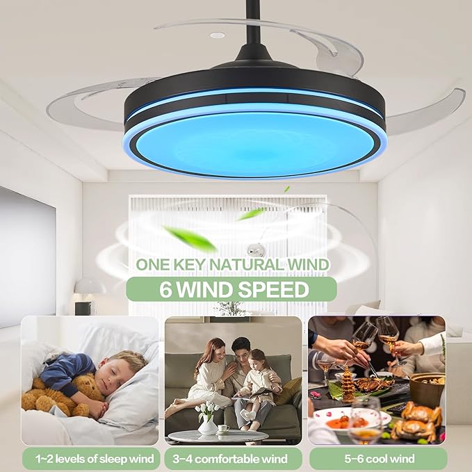 48" Retractable RGB Ceiling Fan with Light, Build-in Speaker Modern Fandelier 6 Speeds Retractable Blades Dimmable Chandelier Ceiling Fan with Remote App Control Memory Timer Black