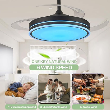 48" Retractable RGB Ceiling Fan with Light, Build-in Speaker Modern Fandelier 6 Speeds Retractable Blades Dimmable Chandelier Ceiling Fan with Remote App Control Memory Timer Black