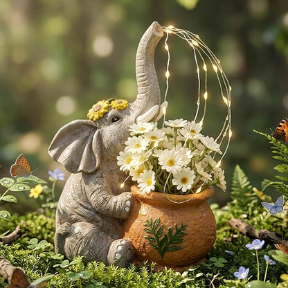 Joint Honglin Solar-Powered Elephant Planter with Lights, Resin Waterproof for Outdoor Garden, Comes with Flowers, Perfect for Night Decor Gift for Yard, Patio (Elephant)