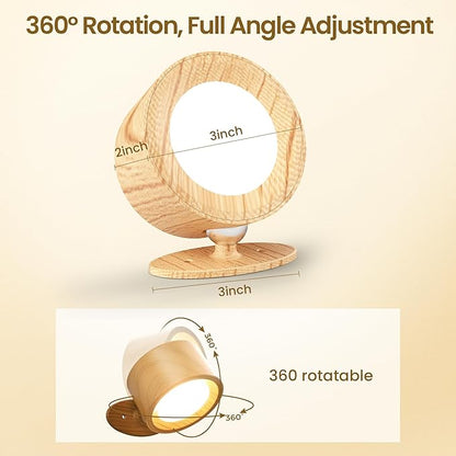 Wall Mounted Lamp LED Wall Lights with Rechargeable Battery Operated, 3 Color Temperatures & 3 Brightness Levels 360°Rotate Magnetic Ball, Cordless Sconces for Reading Bedroom Bedside,Wood-2 Pack