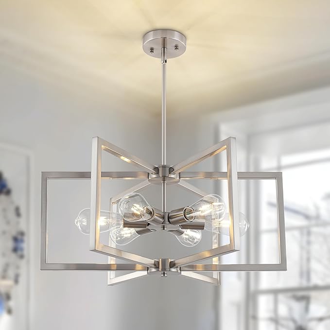 23.6”Brushed Nickel Chandelier for Dining Room 6 Light Kitchen Chandelier Modern Dining Room Light Fixtures Over Table, Hanging Pendant Light Fixture with Adjustable Height for Entryway, Foyer
