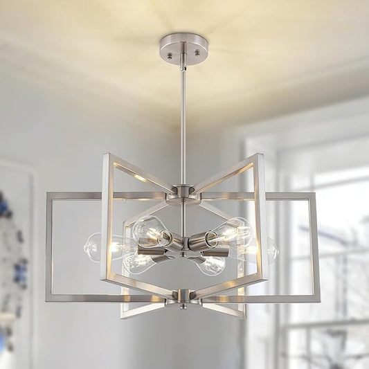 23.6”Brushed Nickel Chandelier for Dining Room 6 Light Kitchen Chandelier Modern Dining Room Light Fixtures Over Table, Hanging Pendant Light Fixture with Adjustable Height for Entryway, Foyer