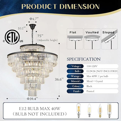 Large 40" Black Crystal Chandelier 28 Lights Modern Round Chandeliers for Staircase Luxury 7-Tier K9 Crystal Ceiling Pendant Light Fixture for High Ceiling Living Room Foyer