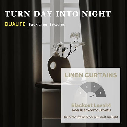 DUALIFE 2Pcs Extra Long Linen Drapes 132 Inch Length Hanging-Rod Pocket Back Tab Blackout Tall Floor to Ceiling 2 Story Curtains for Patio Sliding Door Villa Hall Theater 11FT Length,Cream Beige