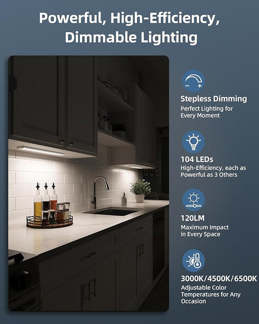 14.5-inch Under Cabinet Lights, Wireless Closet Light, Motion Sensor, 3500mAh Rechargeable Battery, Magnetic, 3 Color Temps, 5 Levels Dimmable, Under Counter Lights for Kitchen (2 Pack)