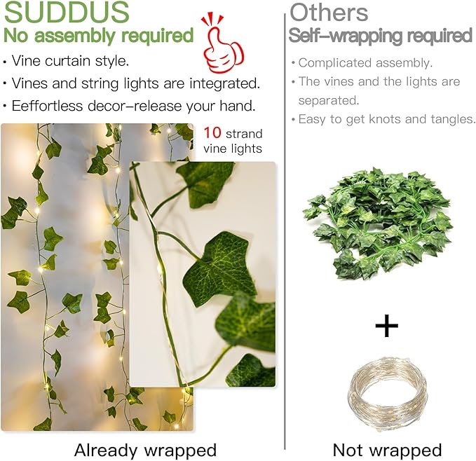 suddus Vines with Light for Bedroom, 200 LED Fairy Lights with Vines, Ivy Curtain Lights for Dorm, Wedding, Party, Wall, Indoor, Outdoor Decor, 6.5ft x 6.5ft with Remote（Warm White）