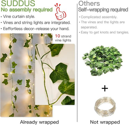 suddus Vines with Light for Bedroom, 200 LED Fairy Lights with Vines, Ivy Curtain Lights for Dorm, Wedding, Party, Wall, Indoor, Outdoor Decor, 6.5ft x 6.5ft with Remote（Warm White）