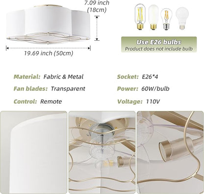 Caged Ceiling Fan with Light, Boho Flush Mount Ceiling Fan with Lights Remote Control, Rattan with 6 Speeds for Bedroom, Living Room, Foyer, Nursery