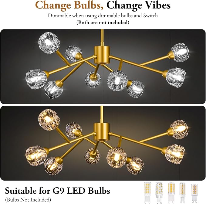 9-Light Sputnik Chandeliers, Gold Dining Room Light Fixture Over Table, Modern Crystal Chandelier, Brass Farmhouse Ceiling Light Fixture Hanging for Kitchen Island Living Room Bedroom Hallway