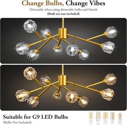9-Light Sputnik Chandeliers, Gold Dining Room Light Fixture Over Table, Modern Crystal Chandelier, Brass Farmhouse Ceiling Light Fixture Hanging for Kitchen Island Living Room Bedroom Hallway