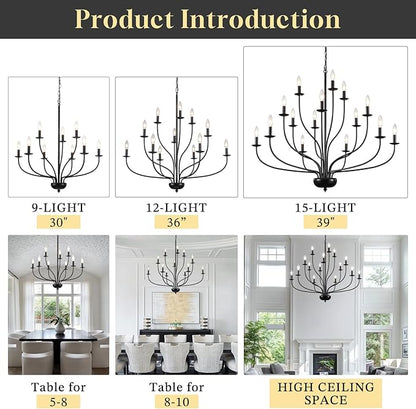 15-Light Black Farmhouse Chandelier, 39" Modern Farmhouse Dining Room Light Fixture for Hight Ceiling, Metal Vintage Entryway Chandelier for Foyer Hallway Entryway Living Room Kitchen E12