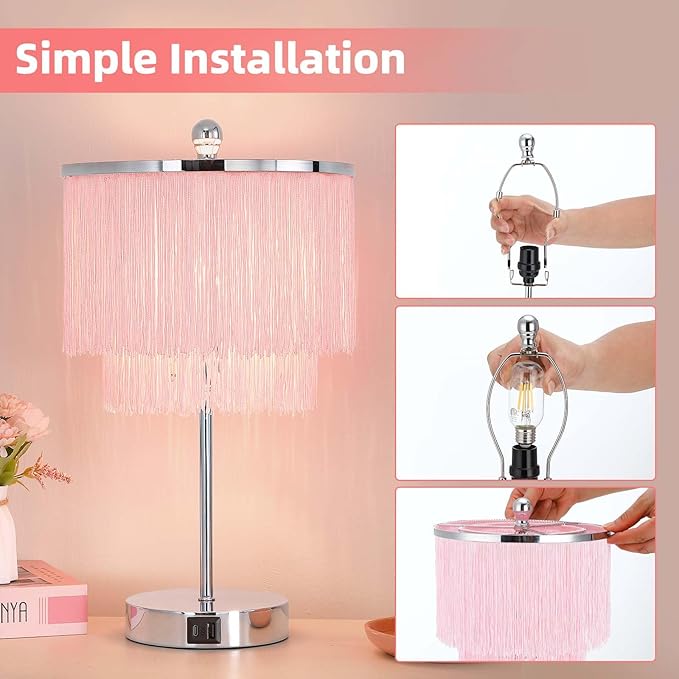 Pink Lamps Set of 2 for Girls Room, 3-Way Dimmable Touch Lamps with USB Port, Girls Lamps with Tassel Lampshade for Bedroom, Living Room, Dresser, Nightstand, LED Bulbs Included