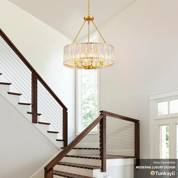 24" Modern Gold Crystal Chandelier Luxury 8-Light Round Drum Glass Chandelier Elegant Large Ceiling Light Fixture for Living Room, Dining Room, Bedroom, Foyer