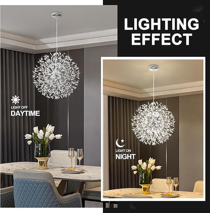 Modern Firework Chrome Crystal Chandeliers, Sputnik Dandelion Chandelier Light Fixture Pendant Lighting for Dining Room, Living Room, Bedroom, Kitchen, Restaurant- 12 Lights