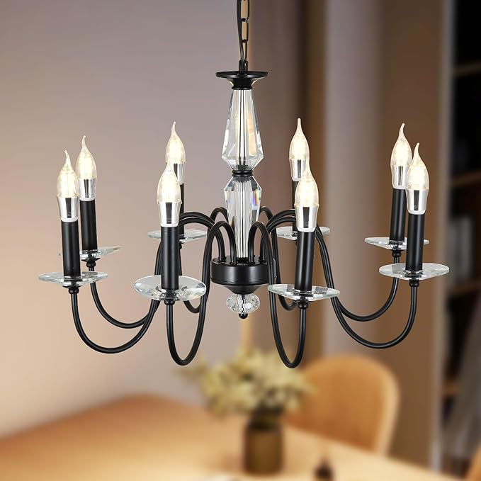 Black Chandelier, 8-Light Farmhouse Candle Chandelier for Living Room, Rustic Industrial Pendant Chandeliers for Dining Room, Vintage Crystal Hanging Light fixture for Hallway Kitchen Foyer E12