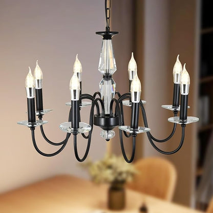 Black Chandelier, 8-Light Farmhouse Candle Chandelier for Living Room, Rustic Industrial Pendant Chandeliers for Dining Room, Vintage Crystal Hanging Light fixture for Hallway Kitchen Foyer E12