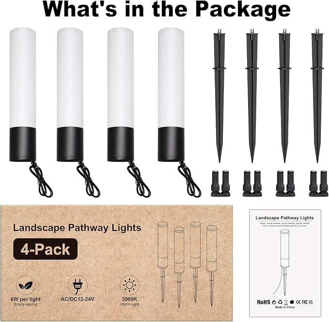 Low Voltage Pathway Lights 4 Pack Landscape Lighting, 12-24V 3000K Warm White Landscape Path Lights, Aluminum Waterproof Wired Landscape Lights for Outdoor/Driveway/Pathway/Yard