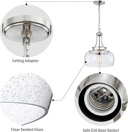 WUZUPS Chandelier Rustic Farmhouse Industrial Round Ceiling Pendant LED Light Fixture Clear Seeded Glass Shade for Dining Room Kitchen Island Foyer Entryway, H 17" x W 13.4", E26 Base, Brushed Nickel