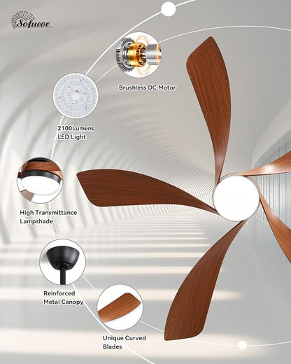 Sofucor 52" Smart Ceiling Fan, Indoor/Outdoor Ceiling Fans with Lights and Remote, Compatible with Alexa/Google/App, 3-Color Light 6-Speed Timing Reversible DC Motor for Bedroom Living Room Patio