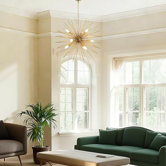 Modern 28.34" Gold Sputnik Chandelier 9-Light Mid-Century Starburst Chandeliers Solid Metal Satellite Firework Urchin Light Fixture for High Ceilings Dining Room Kitchen Living Room, E12