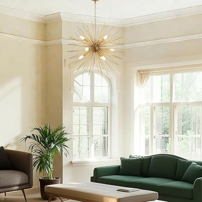 Modern 28.34" Gold Sputnik Chandelier 9-Light Mid-Century Starburst Chandeliers Solid Metal Satellite Firework Urchin Light Fixture for High Ceilings Dining Room Kitchen Living Room, E12