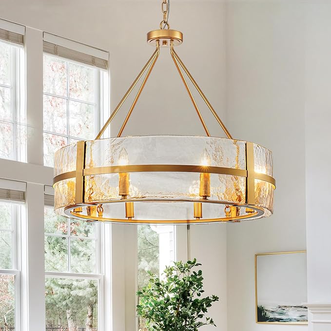Gold Glass Chandelier for Dining Room, 28" Modern Large Glass Drum Chandelier Entryway Light Fixture, Farmhouse Hanging Pendant Light for High Ceiling Foyer Living Room Kitchen
