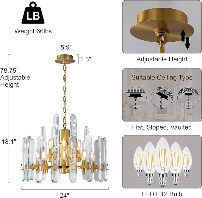 24" Modern Gold Crystal Chandelier, 12-Light Luxury Round Chandeliers for Dining Room, Living Room, Bedroom, Foyer, Entryway, Kitchen, Contemporary K9 Crystal Adjustable Chain Chandelier Light Fixture
