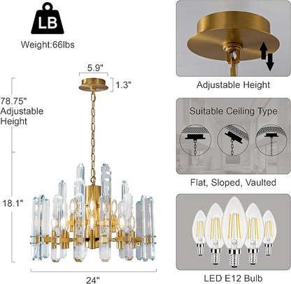 24" Modern Gold Crystal Chandelier, 12-Light Luxury Round Chandeliers for Dining Room, Living Room, Bedroom, Foyer, Entryway, Kitchen, Contemporary K9 Crystal Adjustable Chain Chandelier Light Fixture