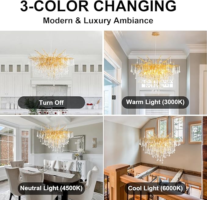 Gold Crystal Chandelier for Dining Room - 23in Modern Raindrop Teardrop Tree Branch Brass Chandeliers for Living Room, Bedroom, Entryway, Foyer, High Ceiling, Bathroom(Bulb not Included)