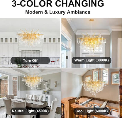 Crystal Chandelier for Dining Room - 31in Modern Farmhouse Crystal Gold Chandelier, Raindrop Tree Branch Chandeliers for Living Room, Bedroom, Entryway, Foyer, High Ceiling(Bulb not Included)