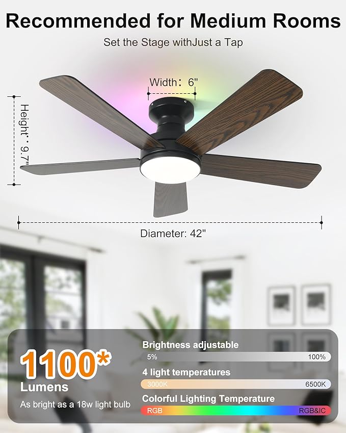 42 Inch Ceiling Fan with Lights, RGB Ceiling Fan with Light, App & Remote Control, Flush Mount Low Profile, Reversible, 3CCT, Dimmable LED, Noiseless, Black Ceiling Fan for Bedroom