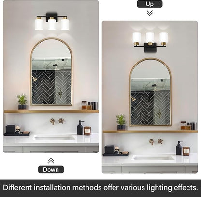 FonmYim Black and Gold Bathroom Light Fixtures, 3-Light Modern Vanity Light Over Mirror, Wall Sconces with Milky White Frosted Glass Shades, E26 Socket (Bulbs Not Included)