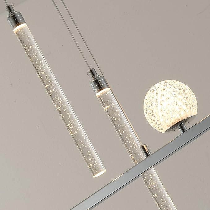ORANOOR Modern LED Pendant Lights, Dimmable 47in Silver LED Chandelier Lighting, Upgraded Chrome Linear Dining Room Hanging Light Fixtures Kitchen Island Globe Pendant Light for Dining Table (4200lm)