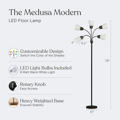 Brightech Medusa Modern LED Floor Lamp – Multi Head Floor Lamp for Living Rooms & Offices – Tall Lamp with Interchangeable Shade, Standing Lamp with 5 LED Bulbs for Hobbies - Black