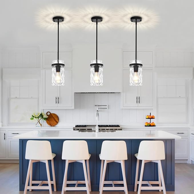 3 Pack Black Pendant Lights Kitchen Island, Modern Hammered Glass Kitchen Pendant Lighting Over Island Hanging Bathroom Light Fixtures Adjustable Pendant Light for Hallway Entryway Dining Room