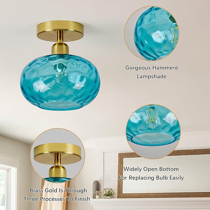Luafac Blue Glass Semi Flush Mount Ceiling Light - 7.9 Inch Hammered Art Deco Glass Small Hallway Light fixtures, Vintage Gold Flush Mount Ceiling Light for entryway Foyer Laundry Room Kitchen