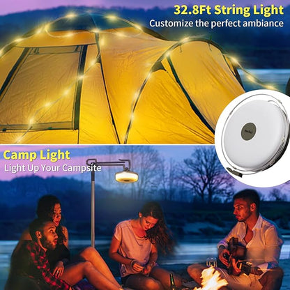 HAMLITE Camping String Lights,2 in 1 Outdoor Waterproof Portable Stowable String Light with 5 Lighting Modes(32.8Ft), USB Camping Lights, Rechargeable String Lights for Yard Hiking,Christmas